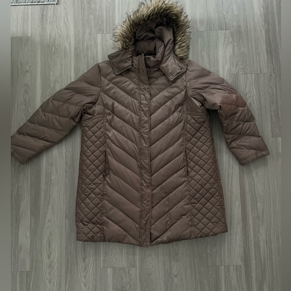 Kenneth Cole Women's Brown Quilted Puffer Coat with Fur Hood 2x